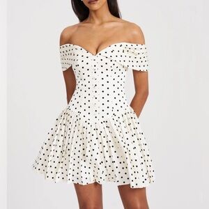 NWT Miss Circle Edeline Polka Dot Off-shoulder Pleated Mini Dress | XXS